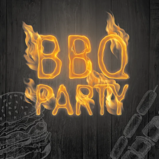 Glühende, feurige Buchstaben buchstabieren BBQ PARTY vor einem dunklen Holzhintergrund, mit Illustrationsumrissen eines Burgers und aufgespießten Würstchen in den Ecken - perfekt für Ihre nächste eventpage.ai Einladung oder nahtloses Gästemanagement. - eventpage.ai