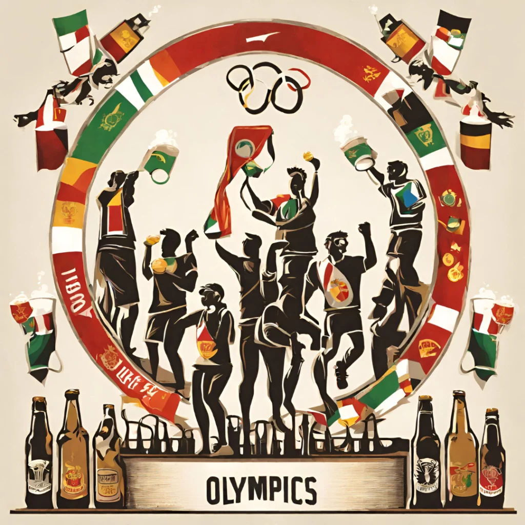 Eine stilisierte Illustration von Athleten, die unter olympischen Ringen feiern, mit Fahnen und Getränken in der Hand. Um sie herum sind Nationalflaggen, Bierflaschen und ein podiumsähnlicher Ständer mit der Aufschrift OLYMPICS - perfekt für die Präsentation der Funktionen von eventpage.ai Gästemanagement. - eventpage.ai
