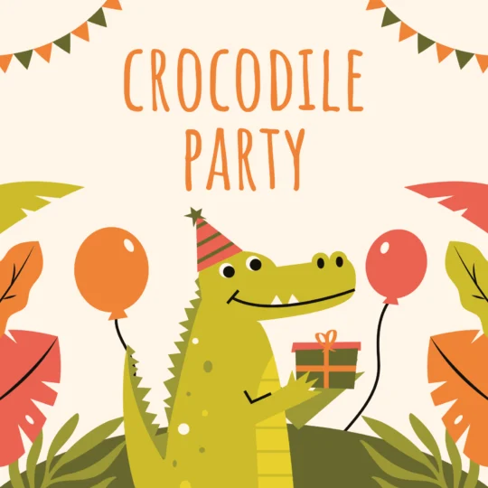 Illustration eines lächelnden Krokodils, das einen Partyhut trägt und eine Geschenkbox hält, umgeben von bunten Luftballons, Blättern und festlichen Wimpeln. Perfekt für Gästemanagement oder Veranstaltungswerbung mit eventpage.ai. Der Text oben lautet Crocodile Party. - eventpage.ai