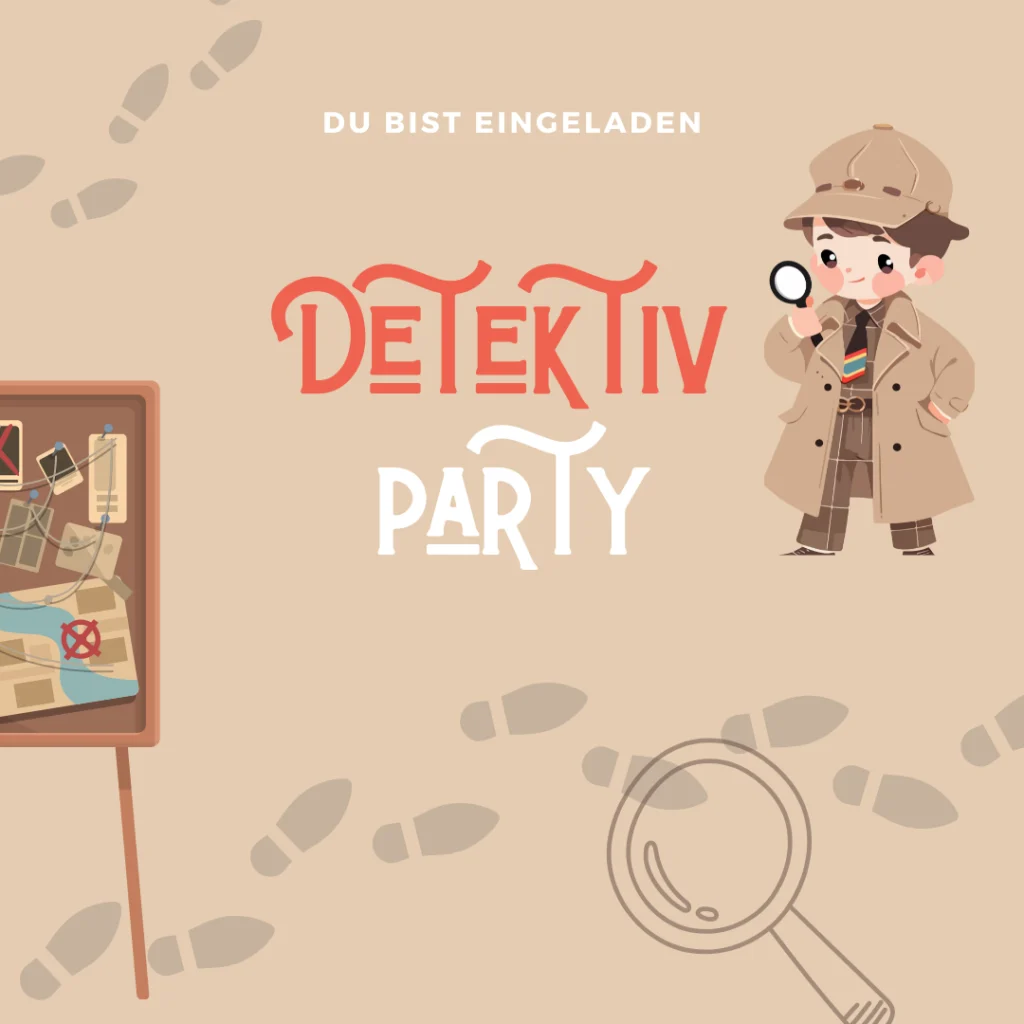 Verspielte Detektiv-Party-Einladung mit Cartoon-Detektivjunge, Hinweistafel, Fußabdrücken und Lupensymbol. Der deutsche Text lautet "Du bist eingeladen." Perfekt für Gästemanagement mit eventpage.ai!. - eventpage.ai
