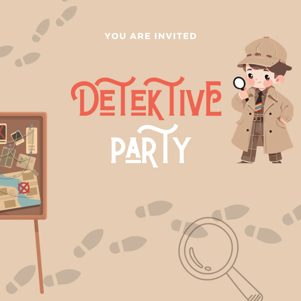 Einladung für eine Detektivparty mit eventpage.ai Gästemanagement, mit einem Cartoon-Detektiv, der ein Vergrößerungsglas hält, Hinweisen auf einer Korkplatte und Fußabdrücken im Hintergrund. Der Text lautet: Sie sind eingeladen, Detective Party. - eventpage.ai