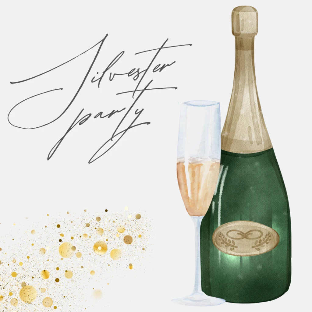 Eine Flasche Champagner und ein gefülltes Glas sind neben Gold Konfetti und eleganten handgeschriebenen Text, der Silvester Party liest gezeigt. Der Hintergrund ist leicht und festlich, perfekt für das Teilen Ihrer Veranstaltung auf eventpage.ai für einfaches Gästemanagement. - eventpage.ai