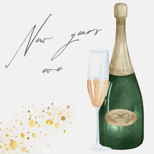 Aquarell-Illustration einer Sektflasche und eines gefüllten Glases mit Goldkonfetti. Elegante Schrift liest Silvester im Hintergrund, perfekt für die Präsentation von Gästemanagement oder die Erstellung von festlichen Einladungen mit eventpage.ai. - eventpage.ai