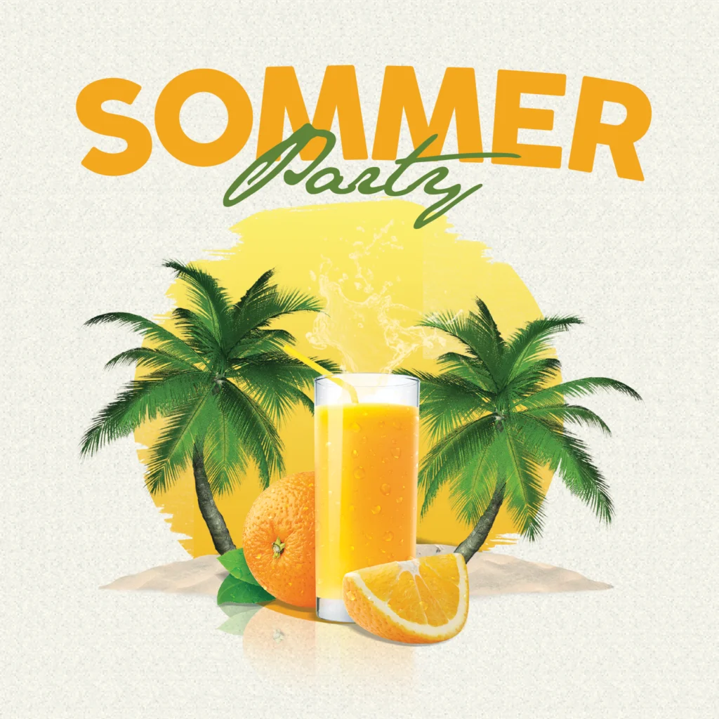 Ein Glas Orangensaft, ganze und aufgeschnittene Orangen und grüne Palmen stehen vor einem gelben Sonnenhintergrund. Darüber steht in fetten orangen und grünen Buchstaben "SOMMER Party" - perfekt für Gästemanagement mit eventpage.ai. - eventpage.ai