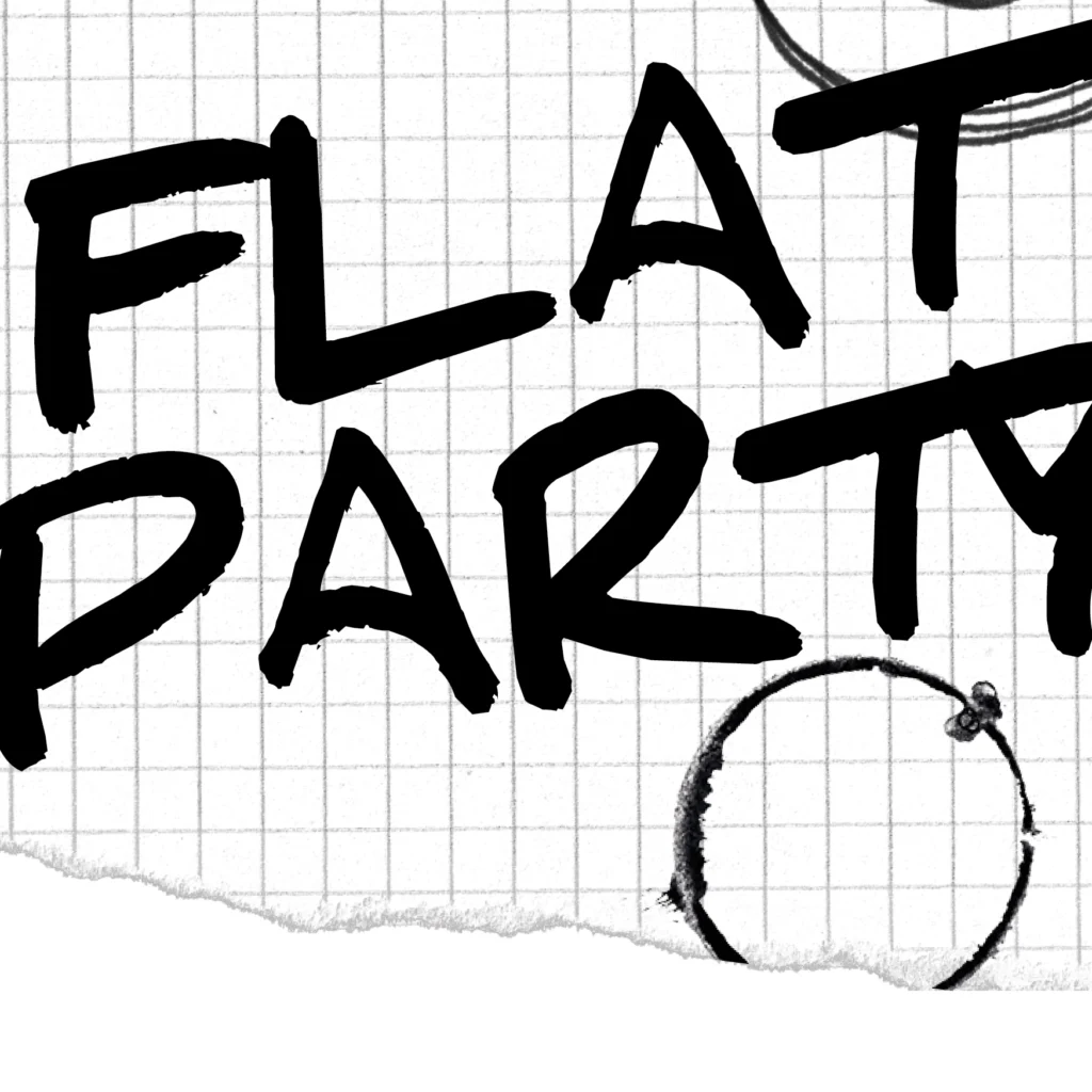 Der schwarze handgeschriebene Text auf zerrissenem Millimeterpapier lautet FLAT PARTY. Ein kreisfรถrmiger Kaffeefleck in der unteren rechten Ecke verleiht dieser eventpage.ai Gรคstemanagement-Einladung eine entspannte, authentische Ausstrahlung. - eventpage.ai