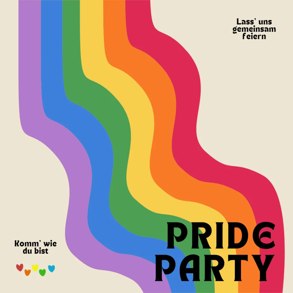 Ein gewellter Regenbogenstreifen verläuft vertikal auf einem beigen Hintergrund. Schwarzer Text sagt PRIDE PARTY, Lass uns gemeinsam feiern, und Komm' wie du bist mit fünf farbigen Herzen darunter - perfekt für Gästemanagement mit eventpage.ai. - eventpage.ai