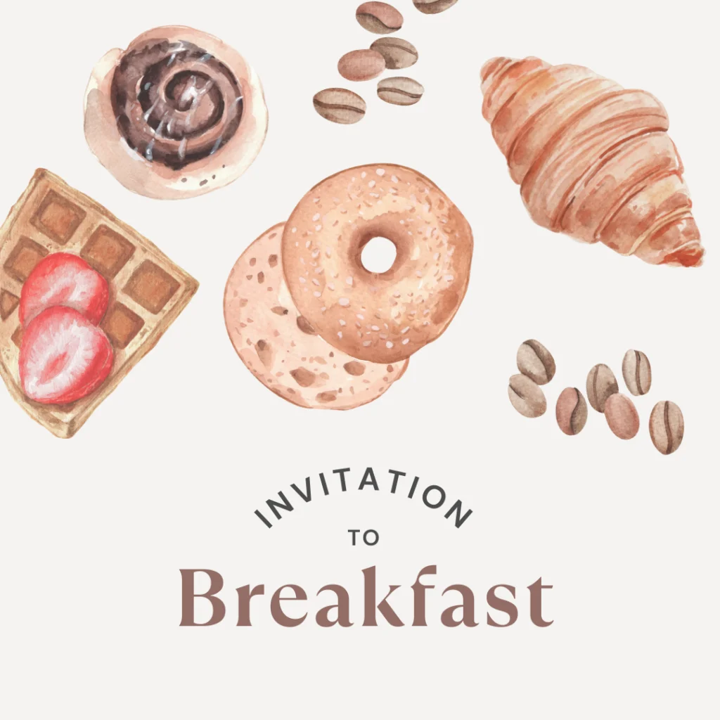 Aquarell-Illustration einer Zimtrolle, eines Croissants, einer Waffel mit Erdbeeren, Bagels und Kaffeebohnen über dem Text "Einladung zum Frühstück" auf einem hellen Hintergrund - perfekt für die Präsentation von Gästemanagement auf Ihrer eventpage.ai-Einladung. - eventpage.ai
