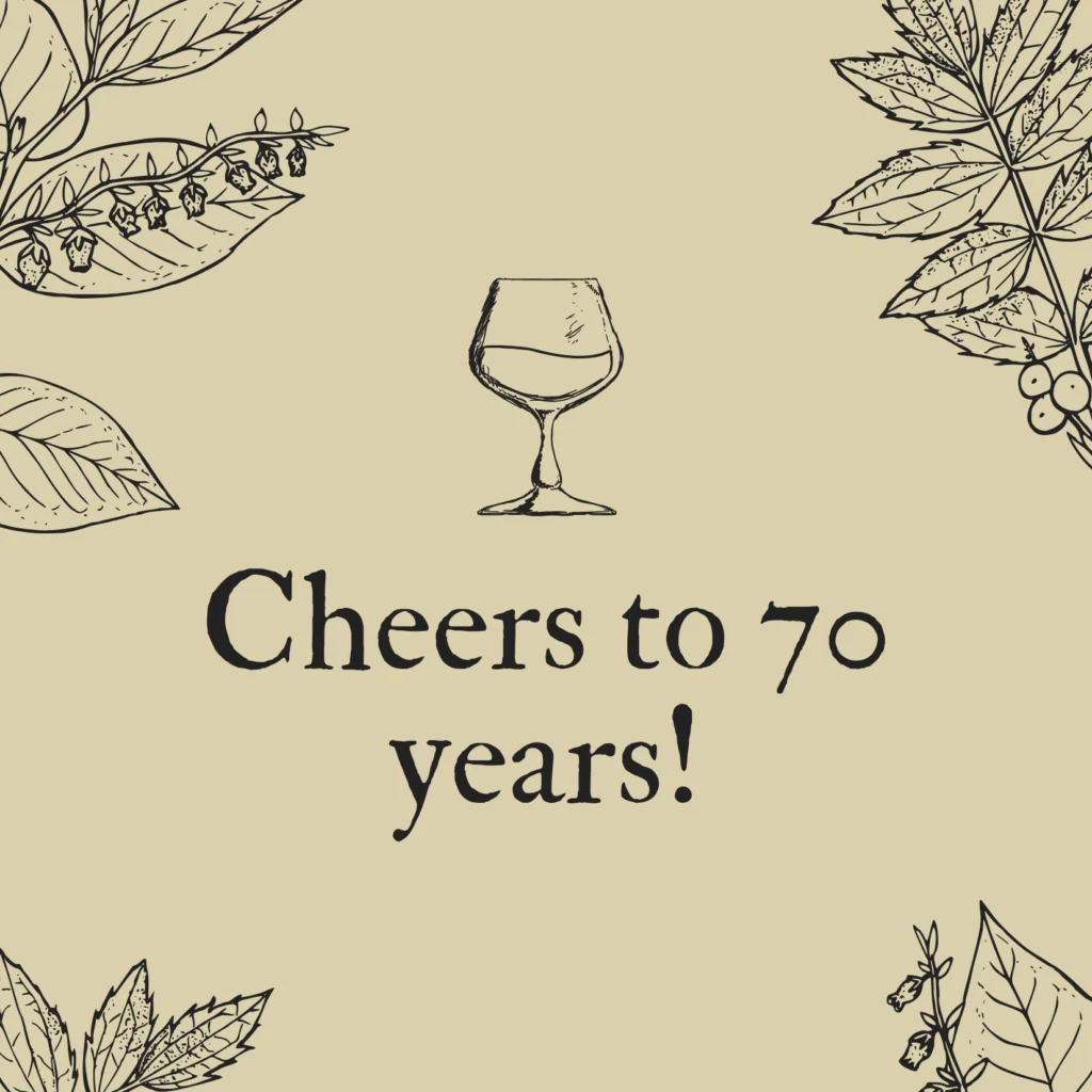 Beigefarbener Hintergrund mit schwarzer Liniengrafik von Blättern und Beeren in den Ecken. Eine Weinglas-Illustration befindet sich über dem Text: "Prost auf 70 Jahre!" in fetter, eleganter Schrift - perfekt für Ihr Gästemanagement auf eventpage.ai. - eventpage.ai
