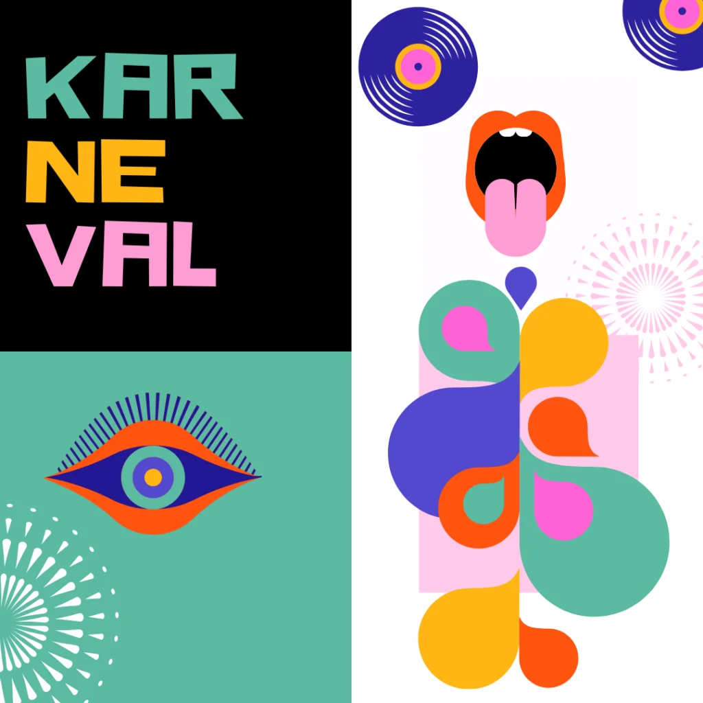 Farbenfrohe abstrakte Illustration, aufgeteilt in vier Abschnitte: fetter Text KARNEVAL, grafisches Auge, stilisierter Mund mit herausgestreckter Zunge, Schallplatten und lebendige Formen, die an ein festliches Kostรผm und Feuerwerk erinnern - perfekt fรผr ein Eventpage.ai Gรคstemanagement-Feature. - eventpage.ai