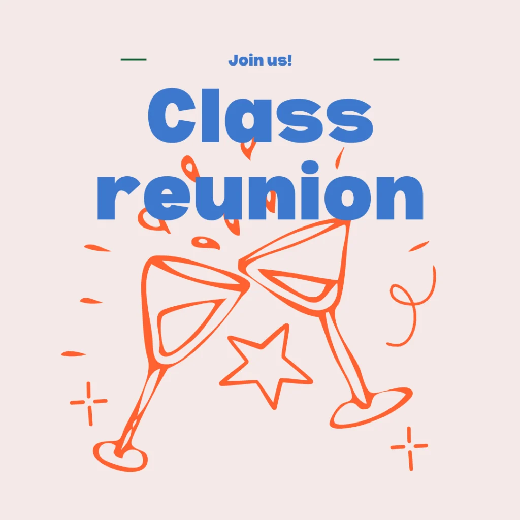 Illustration von zwei stoßenden Gläsern mit feierlicher Dekoration und dem Text Join us! Klassentreffen in fetten blauen Buchstaben-perfekt für Ihr Gästemanagement auf eventpage.ai. - eventpage.ai