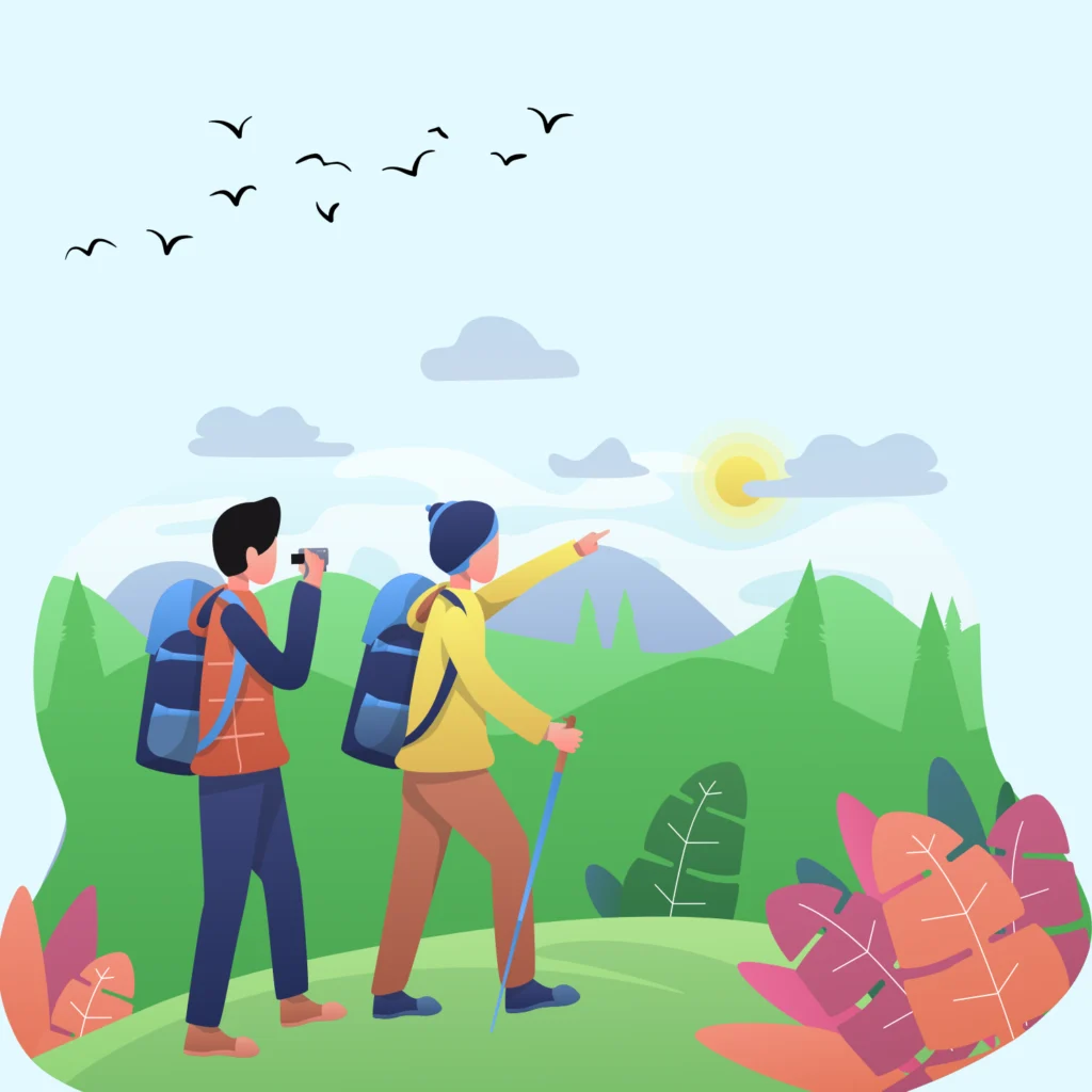 Zwei Wanderer mit Rucksäcken stehen auf einem Grashügel, umgeben von bunten Pflanzen. Der eine zeigt in Richtung Sonne, während der andere ein Foto schießt und so Erinnerungen festhält, die perfekt für eventpage.ai Gästemanagement sind. Vögel schweben über den Bergen und Bäumen in der Ferne. - eventpage.ai