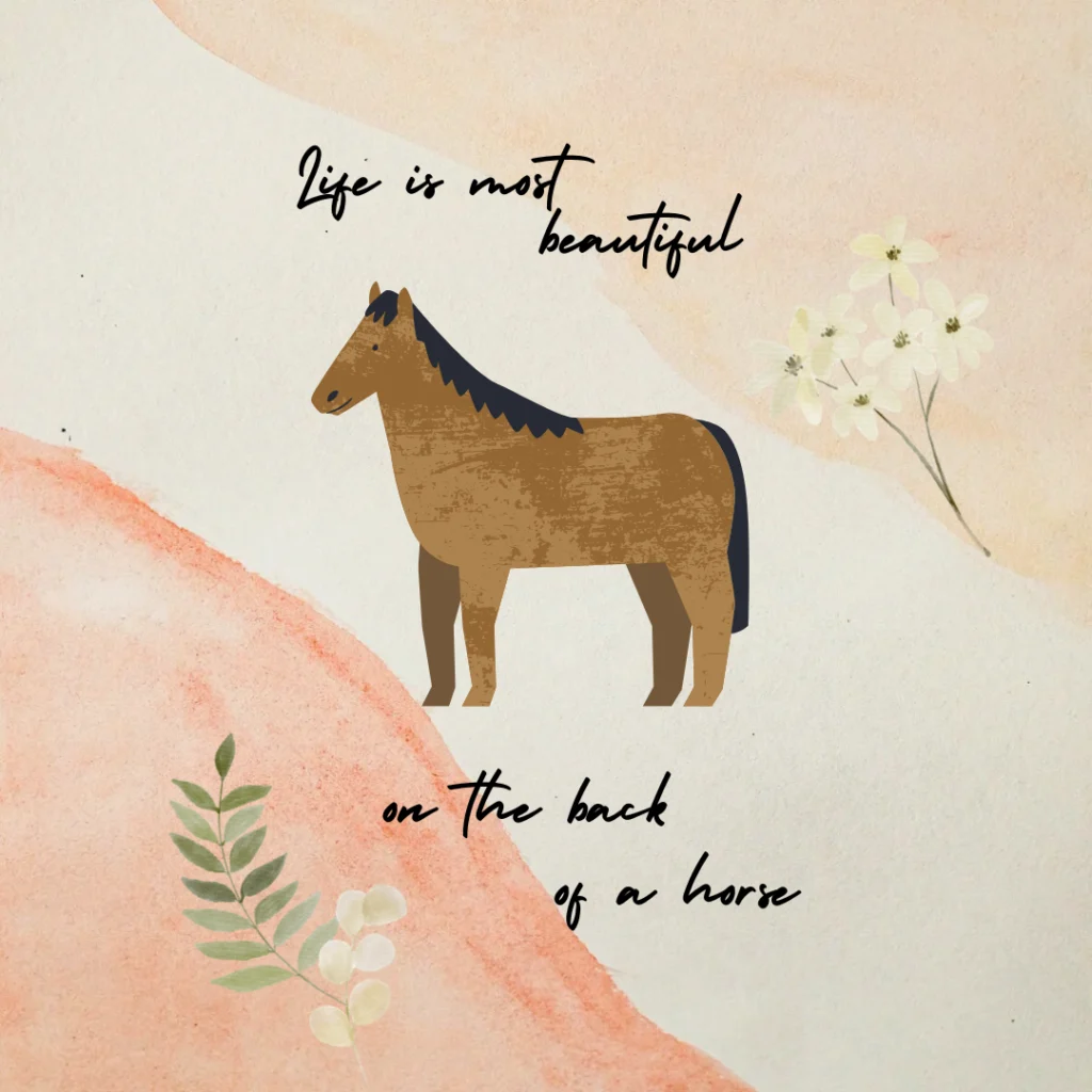 Illustration eines braunen Pferdes mit schwarzer Mähne, zentriert auf einem weichen, pastellfarbenen Hintergrund mit Blättern und Blumen. Der Text lautet: Das Leben ist am schönsten auf dem Rücken eines Pferdes - genau wie nahtloses Gästemanagement mit eventpage.ai. - eventpage.ai
