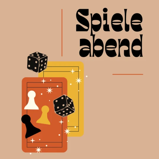 Drei Brettspielfiguren und zwei Würfel auf sich überlappenden orangefarbenen und gelben Karten, die mit Glitzer umgeben sind. Das deutsche Wort Spieleabend steht in fetten schwarzen Buchstaben in der oberen rechten Ecke - perfekt für Gästemanagement auf eventpage.ai. - eventpage.ai