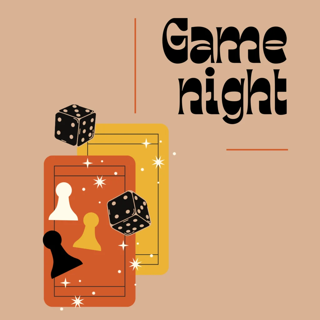 Illustration mit dem Text Spieleabend, mit Spielkarten, Spielfiguren, Würfeln und funkelnden Sternen auf beigem Hintergrund - perfekt, um Ihr Brettspiel-Event auf eventpage.ai zu präsentieren oder das Gästemanagement für unvergessliche Veranstaltungen zu verbessern. - eventpage.ai