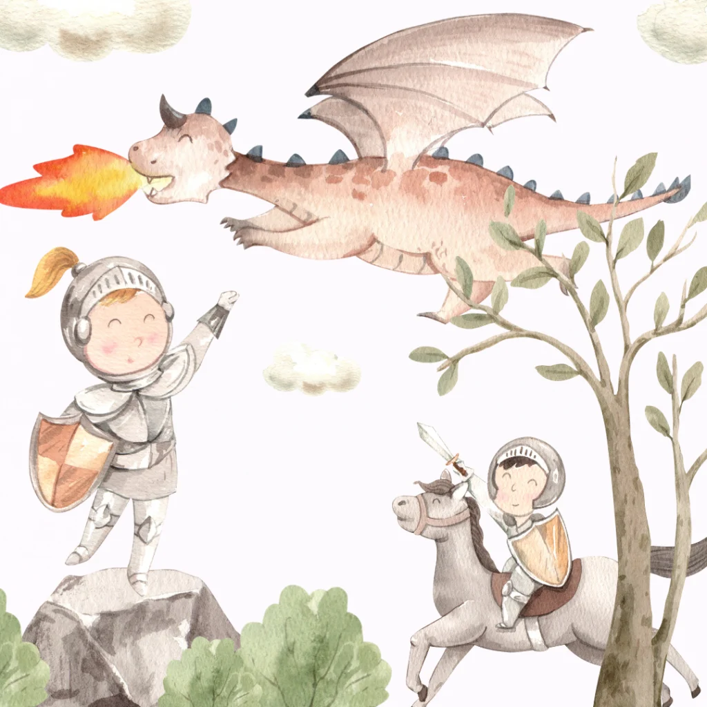 Zwei als Ritter verkleidete Kinder stehen einem feuerspeienden Drachen gegenรผber; eines steht mit einem Schild auf einem Felsen, das andere reitet auf einem Pferd mit einer Lanze. Bรคume, Wolken und Grรผnpflanzen vervollstรคndigen die skurrile Szene des Gรคstemanagements. - eventpage.ai