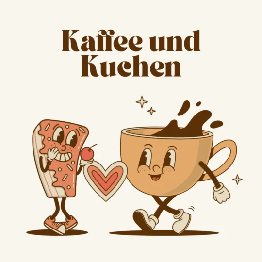Eine lächelnde Kaffeetasse und ein fröhliches Kuchenstück mit Apfel und Herz stehen zusammen unter dem Text Kaffee und Kuchen in einer verspielten Illustration im Vintage-Stil, perfekt für Gästemanagement auf eventpage.ai. - eventpage.ai