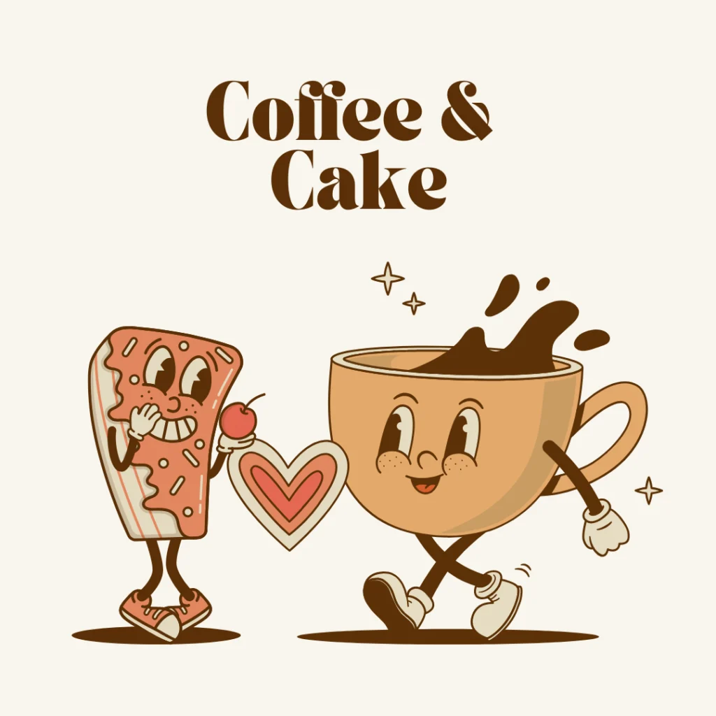 Illustration einer lächelnden Kaffeetasse, die sich mit einem glücklichen Kuchenstück an den Händen hält, beide mit Cartoon-Gesichtern, die zusammen unter dem Text Coffee & Cake laufen. Perfekt für Gästemanagement oder eventpage.ai thematischen Versammlungen. Der Kuchen hält eine Kirsche und Herzform. - eventpage.ai