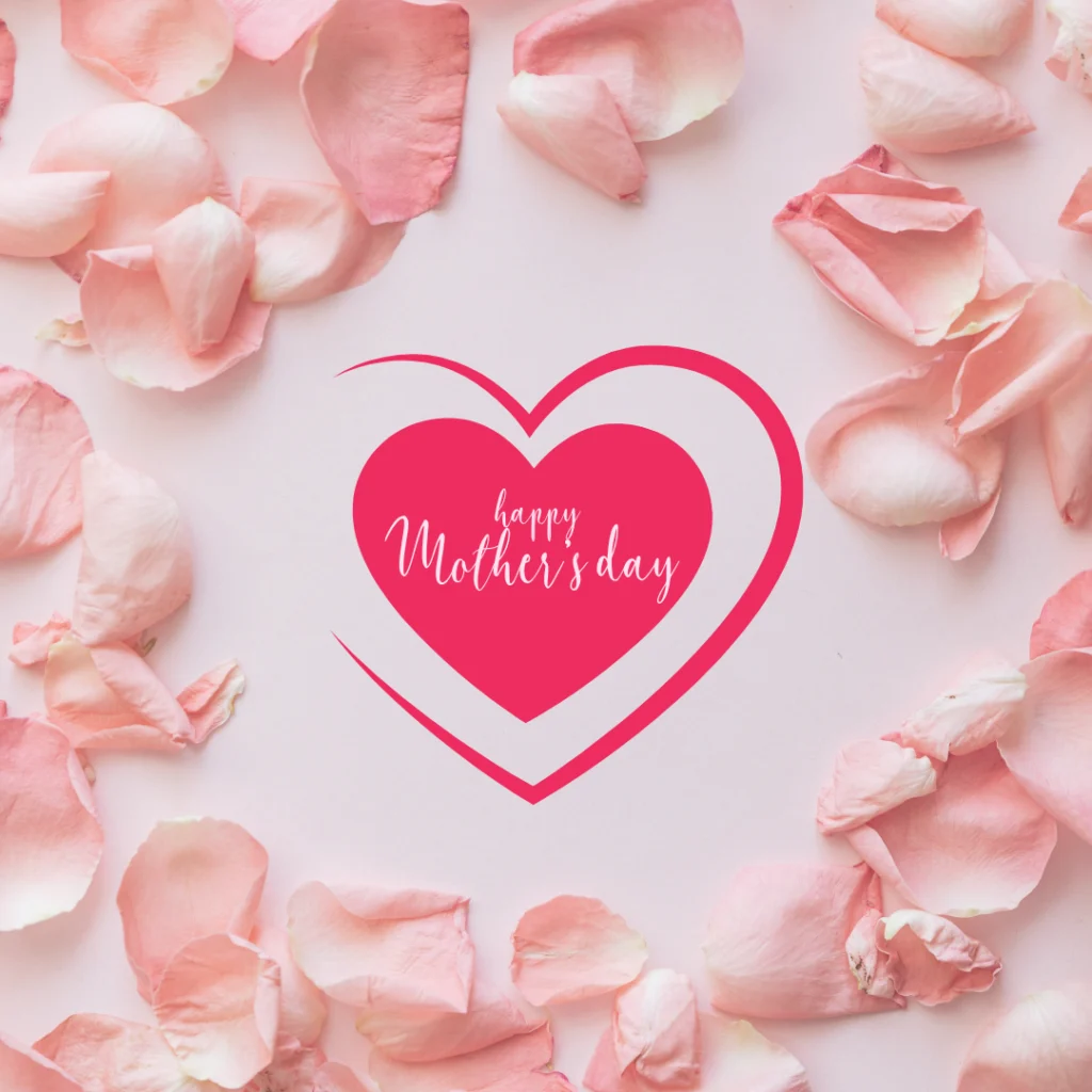 Rosa Rosenblätter umgeben eine rosa Doppelherz-Grafik mit dem Text "Happy Mother's Day" in eleganter Schrift auf hellem Hintergrund - perfekt, um Herzenswünsche zu übermitteln oder Ihr Gästemanagement-Event mit eventpage.ai zu verwalten. - eventpage.ai