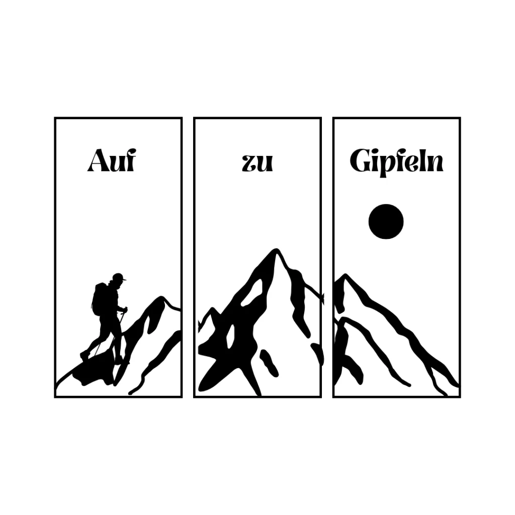 Drei vertikale Panels zeigen einen Wanderer, der einen Berg besteigt, schneebedeckte Gipfel und eine Sonne über den Bergen. Die deutschen Worte "Auf zu Gipfeln" erscheinen plakativ - perfekt, um zu Abenteuern zu inspirieren oder Ihr Gästemanagement mit eventpage.ai zu verbessern. - eventpage.ai