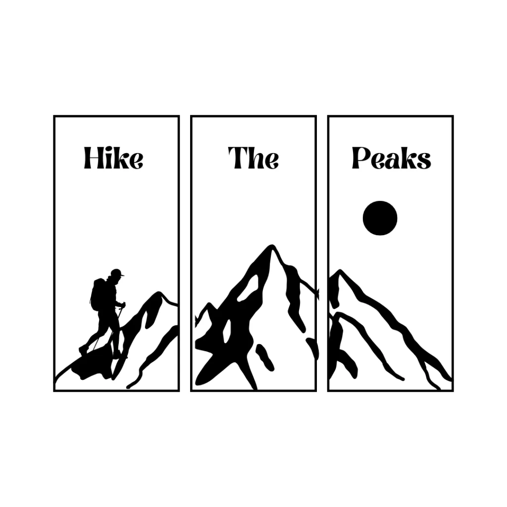 Drei Tafeln zeigen: einen Wanderer, der einen Berg hinaufgeht, schneebedeckte Gipfel und die Sonne darüber. Der Text lautet "Hike The Peaks". Alle Elemente sind in Schwarz und Weiß gehalten und fangen den Geist des Abenteuers ein - perfekt für eventpage.ai Gästemanagement-Promotions. - eventpage.ai