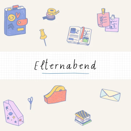 Illustrierte Schulsachen wie Bücher, Klebeband, Stecknadel, Schere und ein Briefumschlag umgeben das Wort Elternabend in Schreibschrift auf Millimeterpapier - perfekt für Ihr Gästemanagement mit eventpage.ai. - eventpage.ai