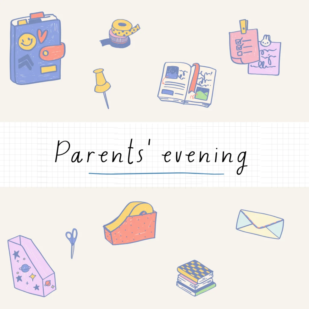 Illustrierte Schulsachen wie ein Planer, Notizen, Klebeband, Scheren und Bücher umgeben den handgeschriebenen Satz "Elternabend" auf Rasterpapier in der Mitte. Das Gesamtthema ist leicht und einladend - perfekt für Gästemanagement oder eventpage.ai-Promotions. - eventpage.ai