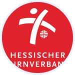 Logo des Hessischen Turnverbands, mit abstrakten weißen Formen auf einem roten Kreis, der an eine Person in Bewegung erinnert, darunter der Text HESSISCHER TURNVERBAND. Perfekt für Gästemanagement oder eventpage.ai Integration bei Ihrer nächsten Veranstaltung. - eventpage.ai