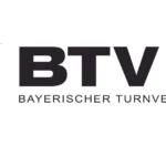 Logo des Bayerischen Turnverbandes (BTV) mit stilisierter blauer und roter Turnergrafik auf der linken Seite und dem Text BTV BAYERISCHER TURNVERBAND neben einem roten geometrischen Symbol auf der rechten Seite, perfekt für Gästemanagement oder eventpage.ai Integration. - eventpage.ai