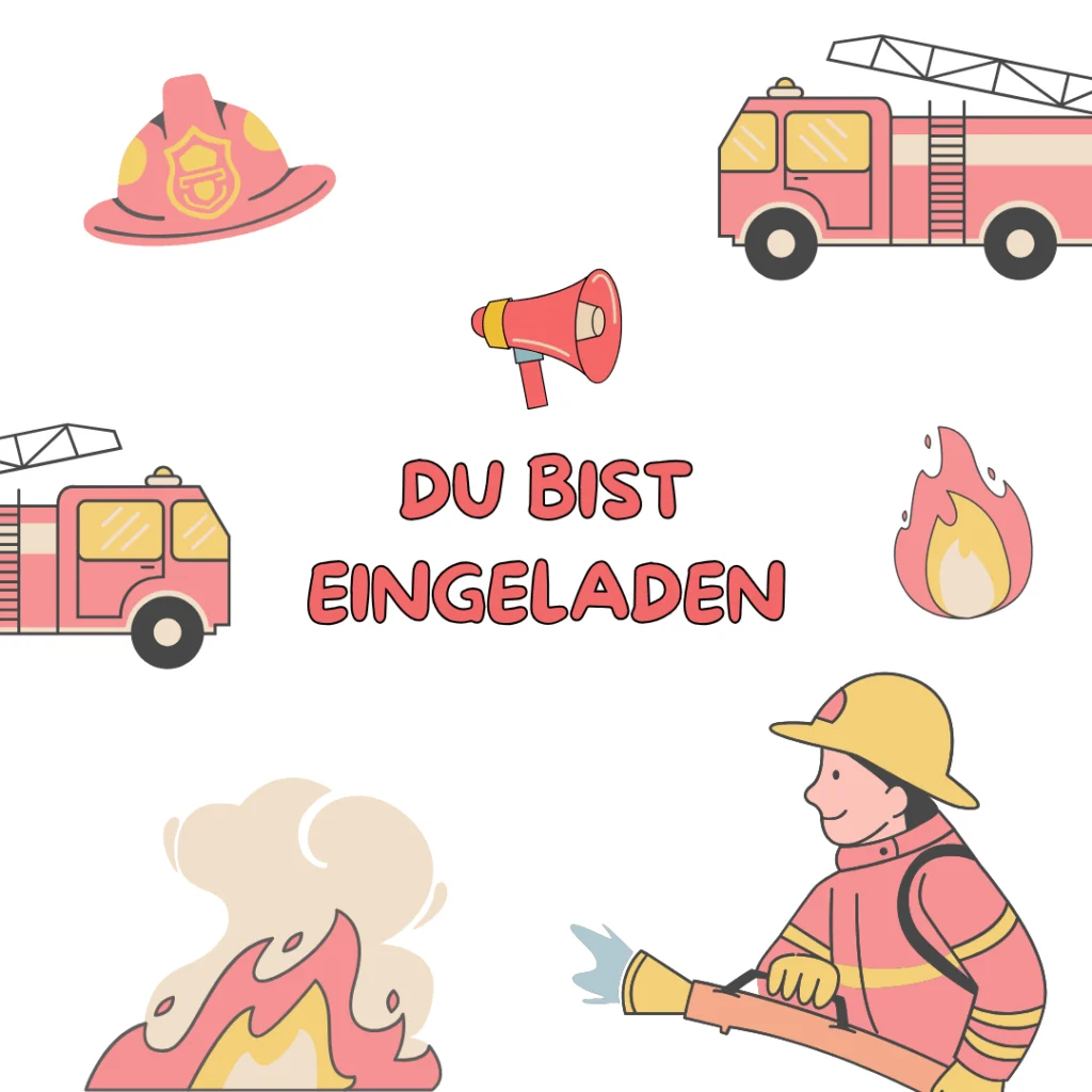 Illustration mit Feuerwehrautos, Feuerwehrhelm, Flammen, einem Megaphon und einem Feuerwehrmann, der Wasser versprüht. Der deutsche Text in der Mitte lautet Du bist eingeladen. Perfekt für Gästemanagement mit eventpage.ai. - eventpage.ai