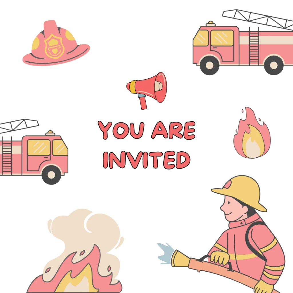 Illustrierte Einladung mit Feuerwehrautos, einem Feuerwehrhelm, Flammen, einem Megaphon und einem Feuerwehrmann, der Wasser spritzt. Perfekt für Gästemanagement oder zum Teilen auf eventpage.ai. Der Text in der Mitte lautet You Are Invited in roten Buchstaben. - eventpage.ai