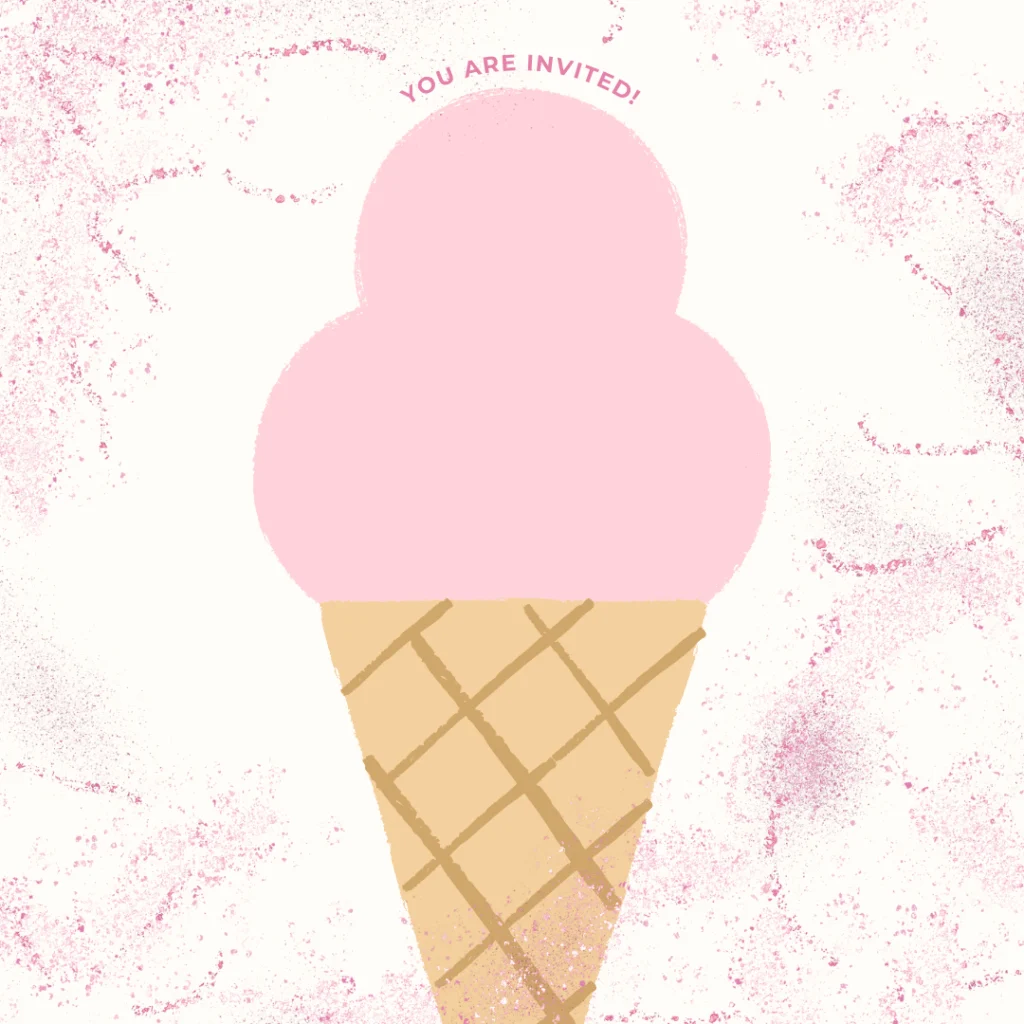 Illustration einer rosafarbenen Eistüte mit zwei Kugeln auf weißem und rosa gesprenkeltem Hintergrund. Powered by eventpage.ai Gästemanagement, der Text YOU ARE INVITED! ist in einem Bogen über das Eis geschrieben. - eventpage.ai