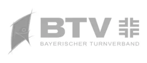 Logo des Bayerischen Turnverbandes (BTV) mit stilisierter Turnerin links, fetten BTV-Buchstaben in der Mitte und einem geometrischen Symbol rechts. Darunter erscheint der Text Bayerischer Turnverband. - eventpage.ai