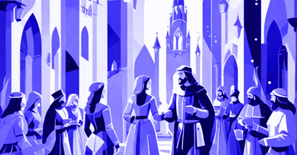 Eine Gruppe von mittelalterlich gekleideten Menschen versammelt sich auf einem lebhaften, stilisierten Stadtplatz mit hohen gotischen Gebäuden und einem zentralen Turm, die alle in verschiedenen Blau- und Violetttönen dargestellt sind. - eventpage.ai