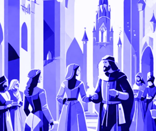 Eine Gruppe von mittelalterlich gekleideten Menschen versammelt sich auf einem lebhaften, stilisierten Stadtplatz mit hohen gotischen Gebäuden und einem zentralen Turm, die alle in verschiedenen Blau- und Violetttönen dargestellt sind. - eventpage.ai