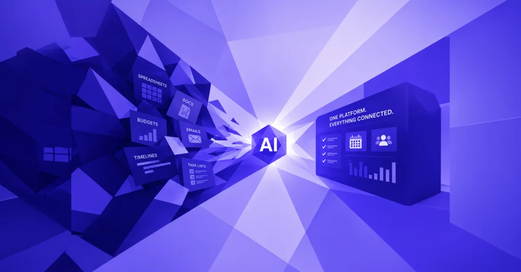 Low-poly illustration of scattered event planning tools such as spreadsheets, budgets, timelines, docs and emails being transformed by AI into one connected platform.