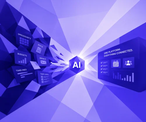 Low-poly illustration of scattered event planning tools such as spreadsheets, budgets, timelines, docs and emails being transformed by AI into one connected platform.