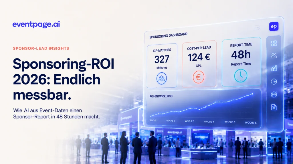 Sponsoring-ROI 2026 mit AI: Holografisches Dashboard über einer Event-Messe mit KPIs für ICP-Matches, Cost-per-Lead und Report-Time zur Messung von Sponsoring-Erfolg.