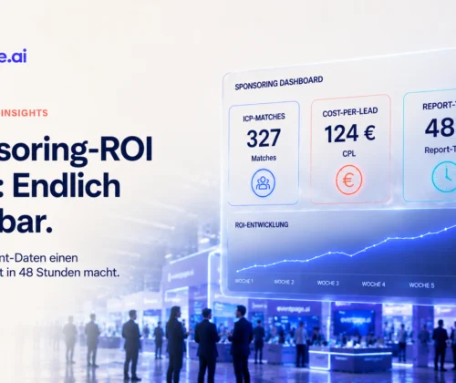 Sponsoring-ROI 2026 mit AI: Holografisches Dashboard über einer Event-Messe mit KPIs für ICP-Matches, Cost-per-Lead und Report-Time zur Messung von Sponsoring-Erfolg.