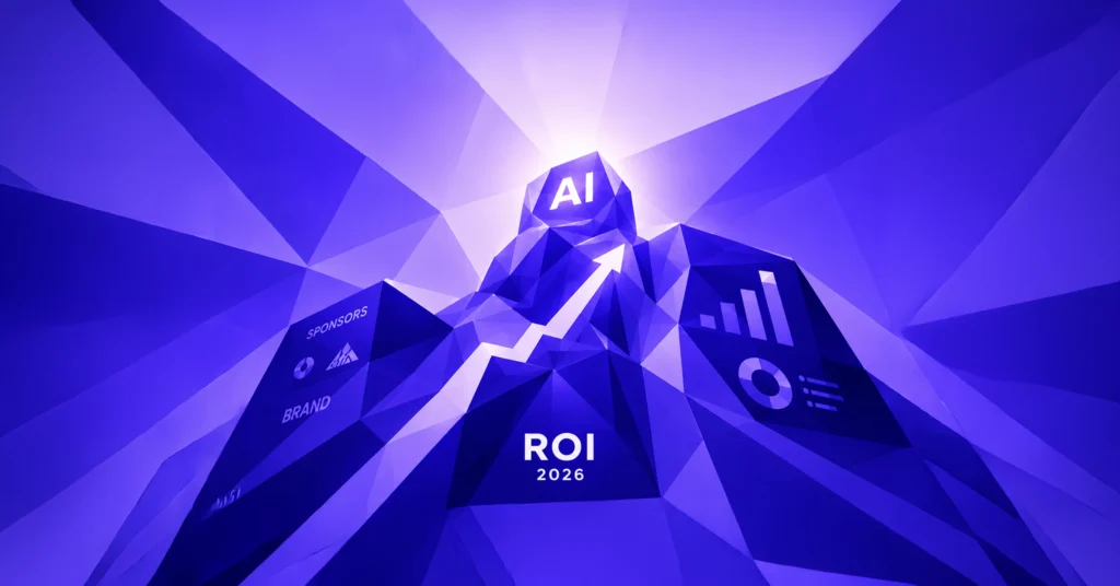 Low-poly illustration of an AI summit with ROI 2026 arrow, sponsor branding and analytics dashboard for measuring sponsorship success.