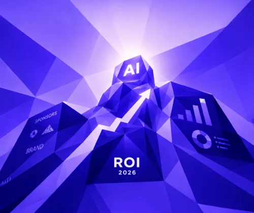 Low-Poly-Illustration eines AI-Gipfels mit ROI-2026-Pfeil, Sponsoren-Branding und Analytics-Dashboard zur Messung von Sponsoring-Erfolg.