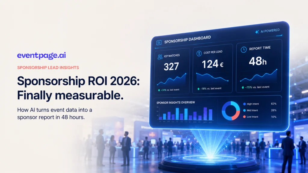 Sponsorship ROI 2026 powered by AI: holographic analytics dashboard above a trade show environment displaying ICP matches, cost per lead and report time metrics.
