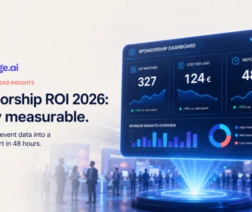Sponsorship ROI 2026 powered by AI: holographic analytics dashboard above a trade show environment displaying ICP matches, cost per lead and report time metrics.