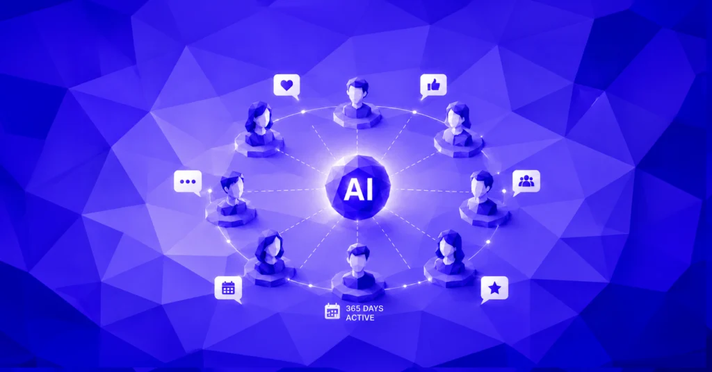 Low-poly illustration of an AI hub connecting community members through digital interactions, symbolizing 365 days of active engagement between events.