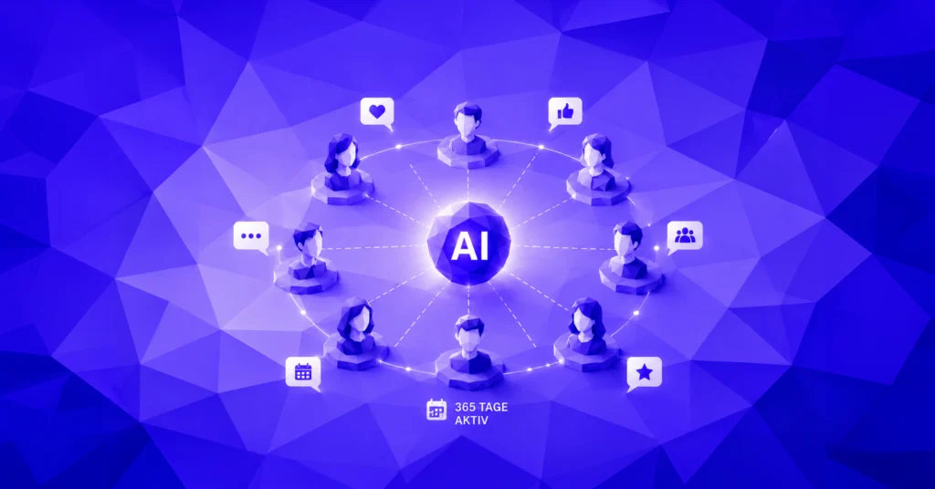 Low-Poly-Illustration einer AI-Zentrale, die Community-Mitglieder über digitale Interaktionen vernetzt und 365 Tage aktives Engagement zwischen Events symbolisiert.