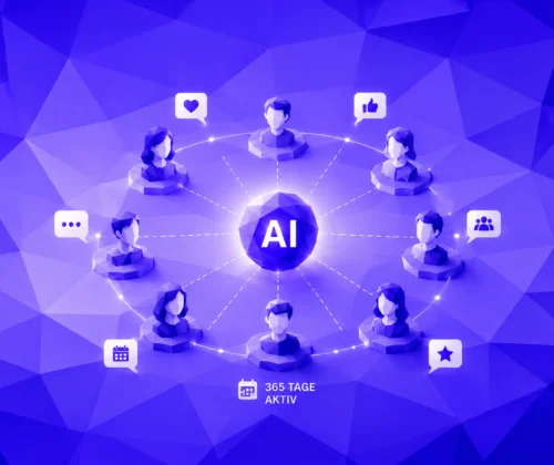 Low-Poly-Illustration einer AI-Zentrale, die Community-Mitglieder über digitale Interaktionen vernetzt und 365 Tage aktives Engagement zwischen Events symbolisiert.