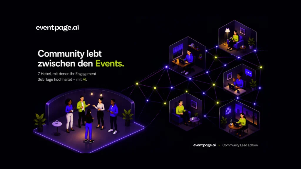 Isometric community engagement illustration featuring event attendees connected through an AI-powered network to remote members working from home, office and café environments. The visual represents year-round community engagement beyond live events.