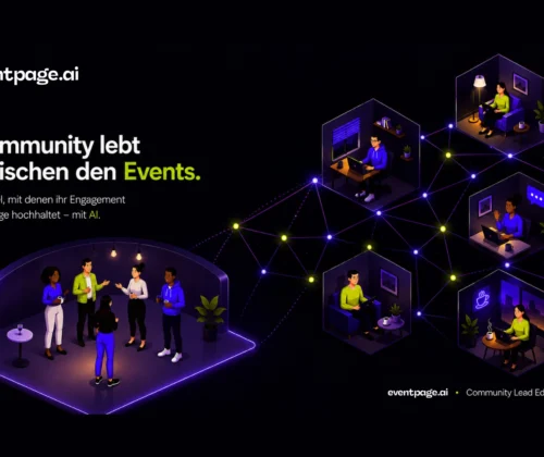 Isometric community engagement illustration featuring event attendees connected through an AI-powered network to remote members working from home, office and café environments. The visual represents year-round community engagement beyond live events.