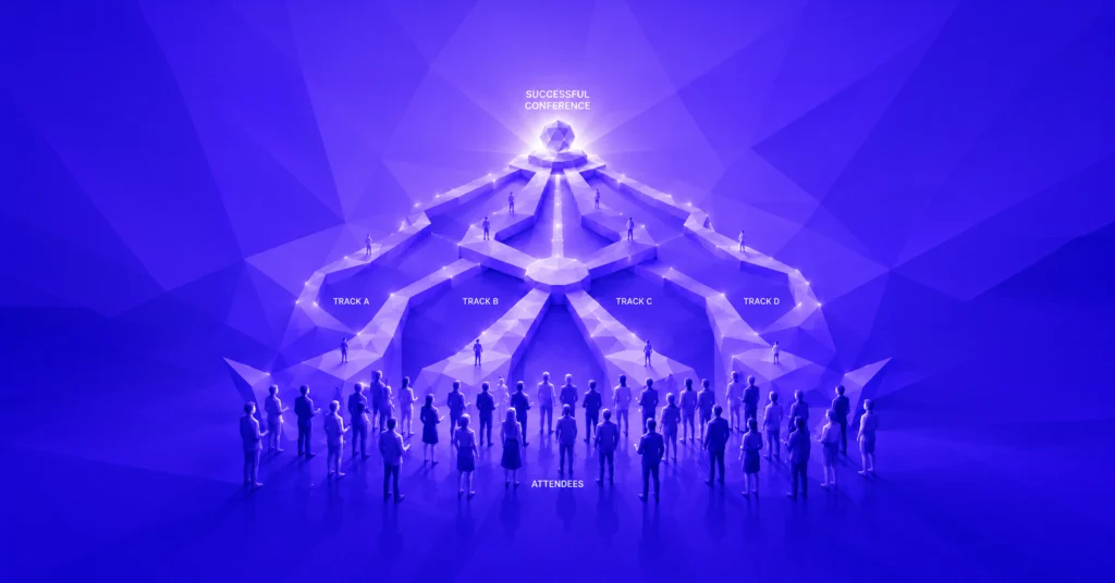 Low-poly illustration of a conference where participants are guided through four tracks toward a successful event.