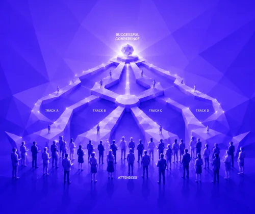 Low-poly illustration of a conference where participants are guided through four tracks toward a successful event.