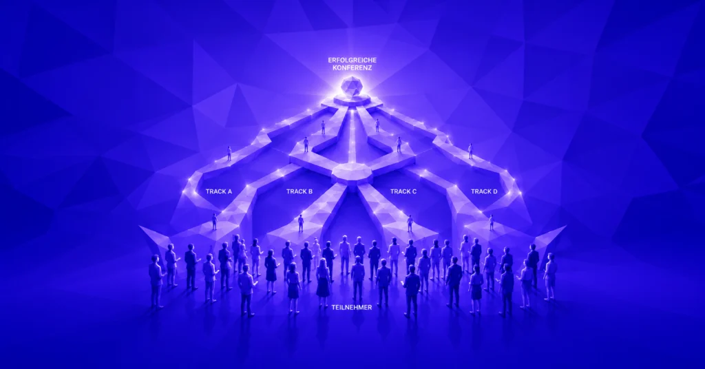 Low-Poly-Illustration einer Konferenz mit Teilnehmenden, die über vier Tracks zu einer erfolgreichen Konferenz geführt werden.